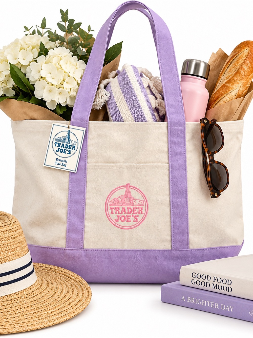 Trader Joeâs Cream Canvas Large Tote with Lavender Trim